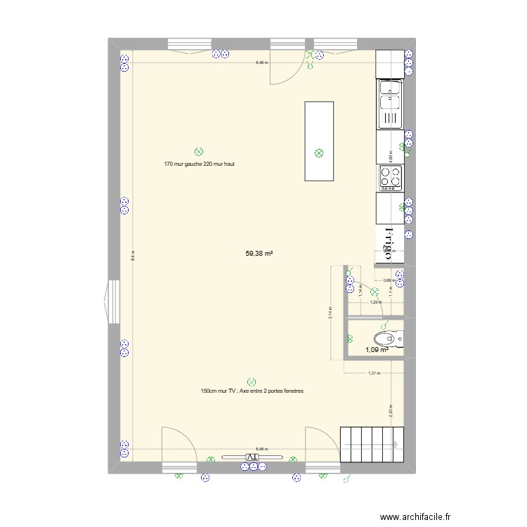 chagny RDC. Plan de 2 pièces et 60 m2