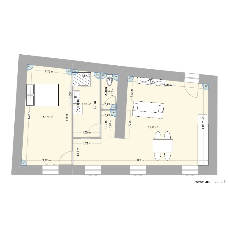 Apt 1 Meublé. Plan de 4 pièces et 60 m2