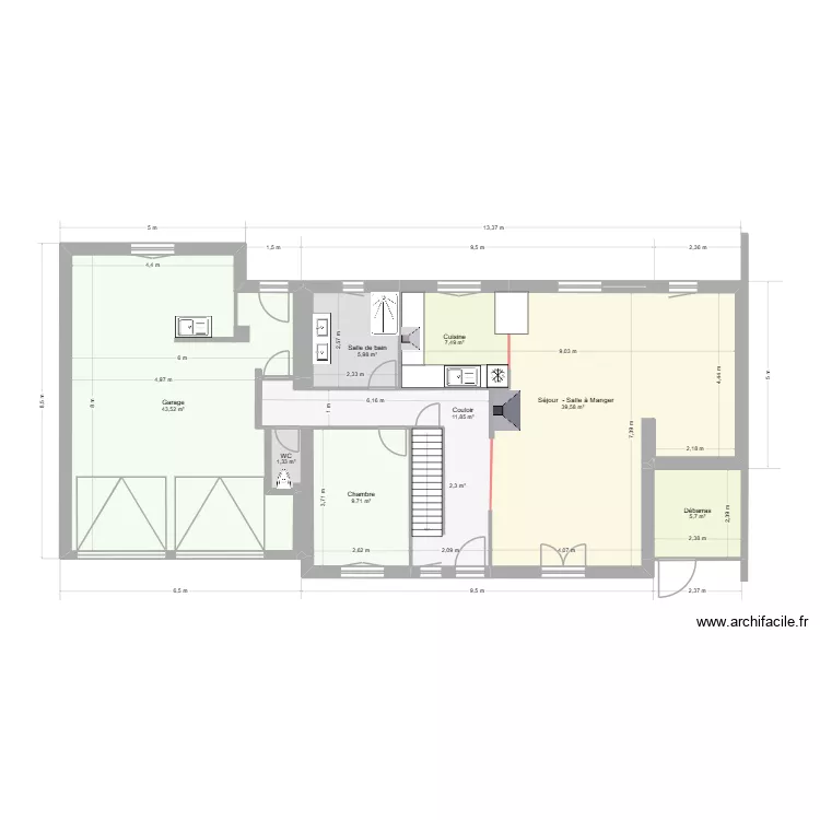 maison RDC. Plan de 9 pièces et 127 m²