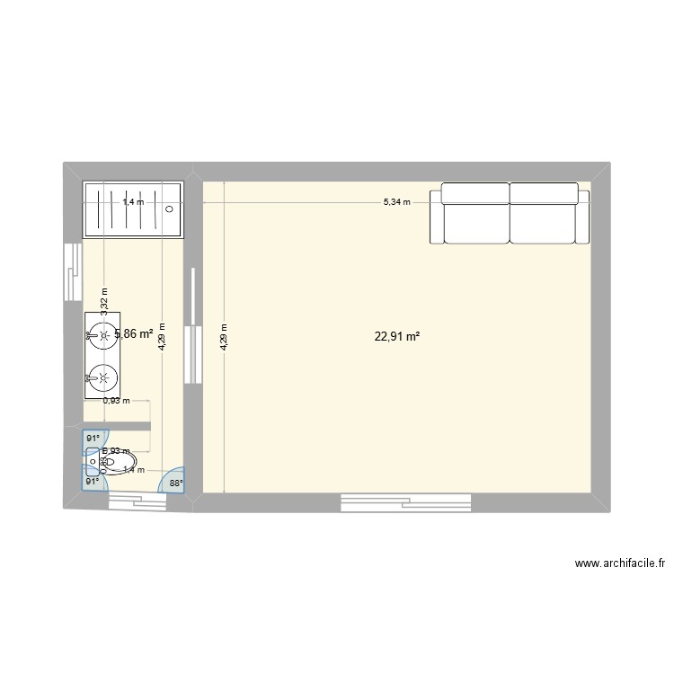 extension1. Plan de 2 pièces et 29 m2