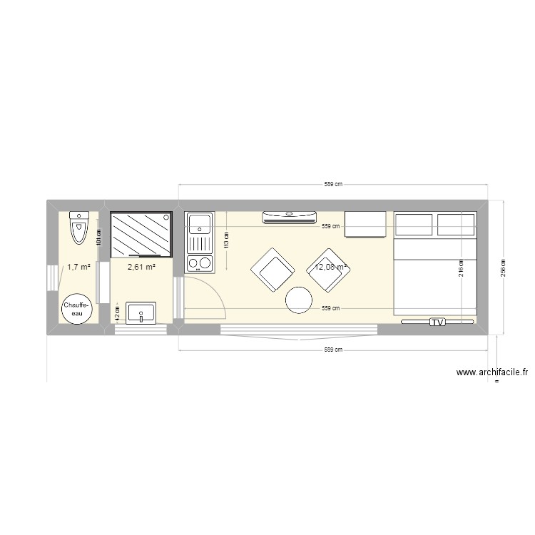 Tiny house 840x255cm sans terrasse. Plan de 3 pièces et 16 m2