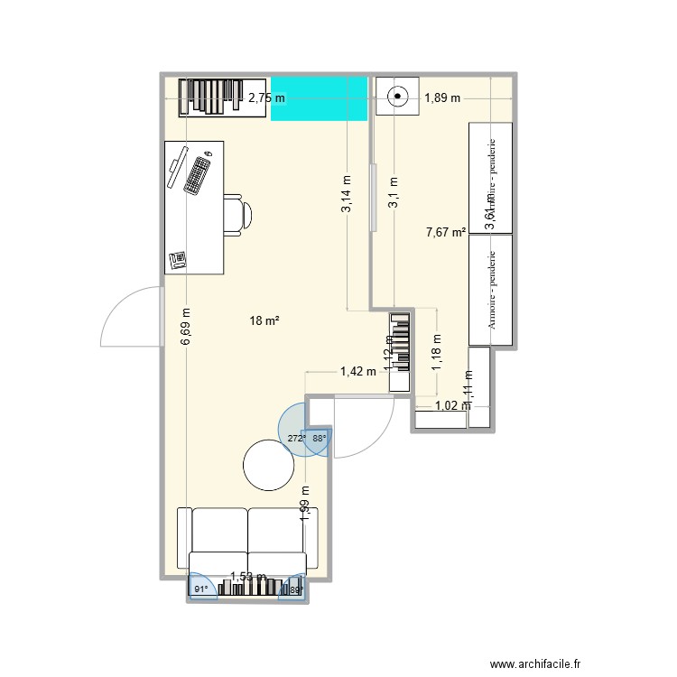 sous-sol meublé 12B V2. Plan de 2 pièces et 26 m2