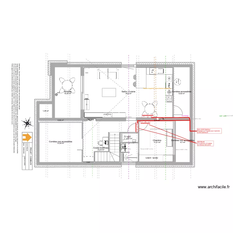 Viuz- Combles - Projet - CLIM V1. Plan de 14 pièces et 99 m²