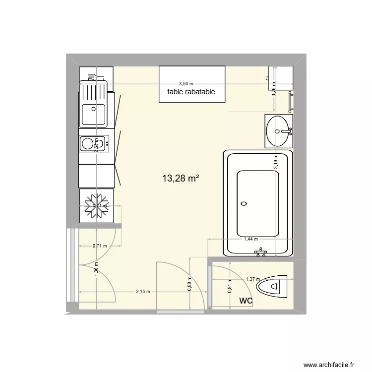 gite cuisine sdb. Plan de 2 et 14 m² gite cuisine sdb. Plan de 2 et 14 m²