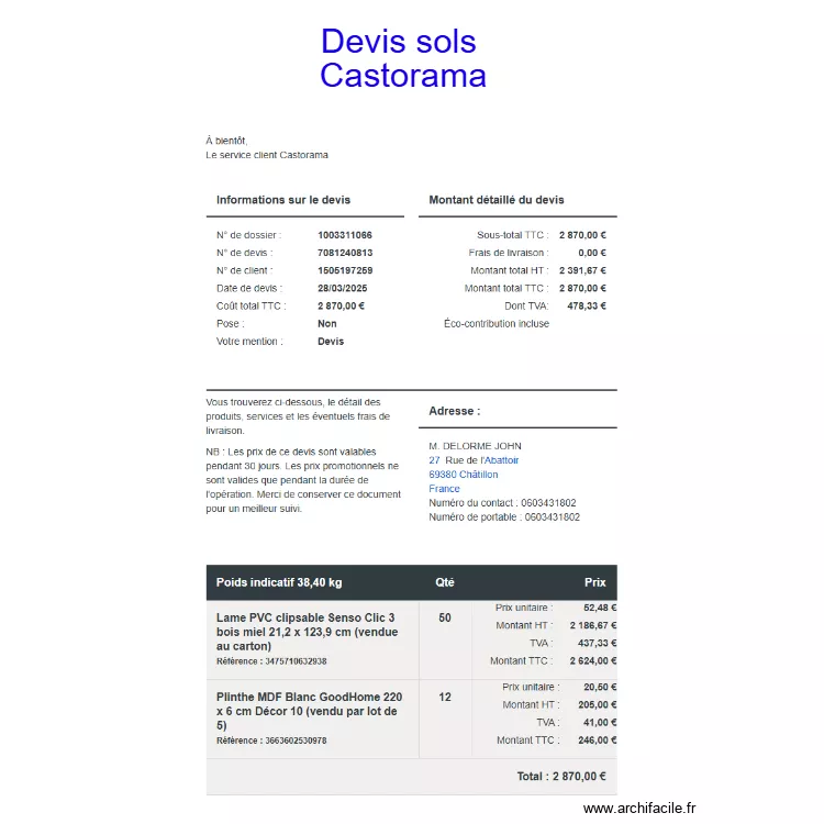 devis sol casto. Plan de devis sol casto. Plan de