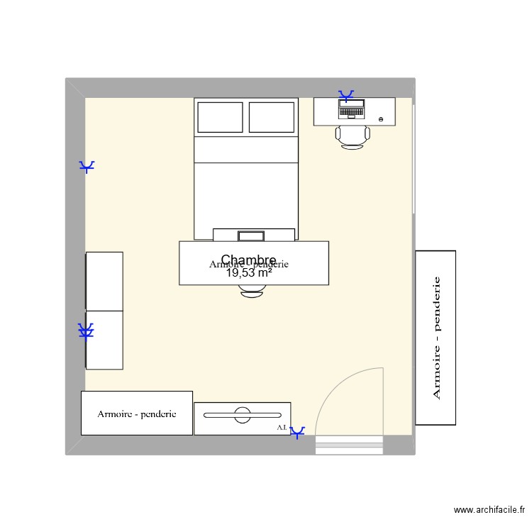 chambre. Plan de 1 pièce et 20 m2