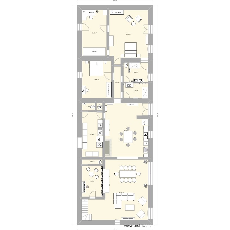 projection 1 TFE. Plan de 13 pièces et 222 m2