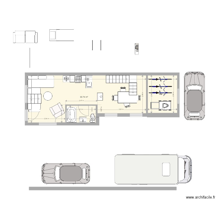 Maison Bleu 6. Plan de 2 pièces et 38 m2