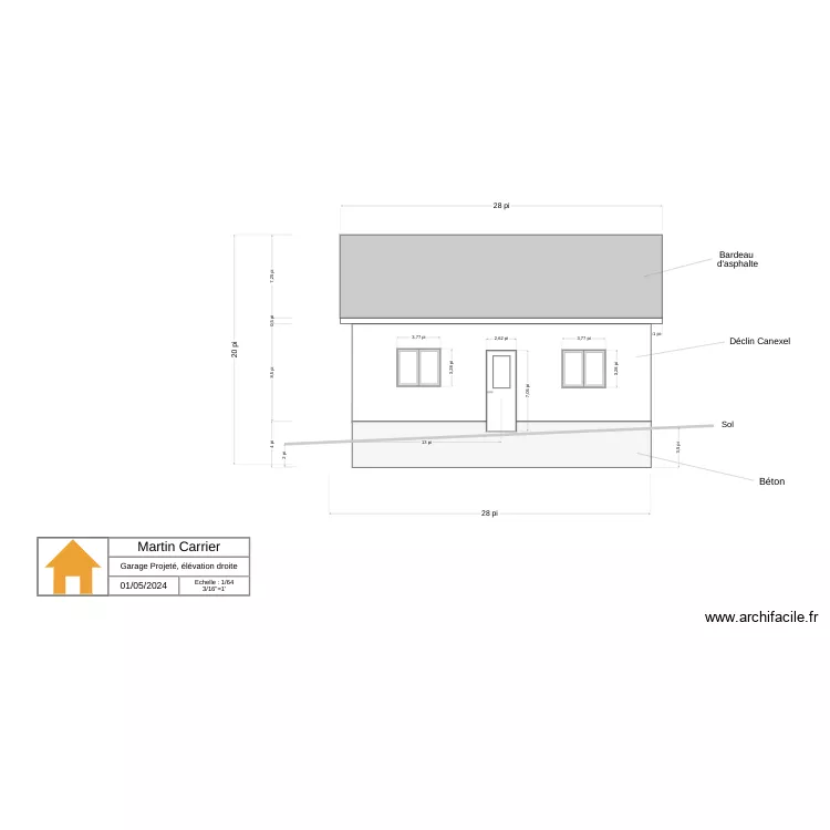 Garage &eacute;l&eacute;vation droite (191). Plan de 
