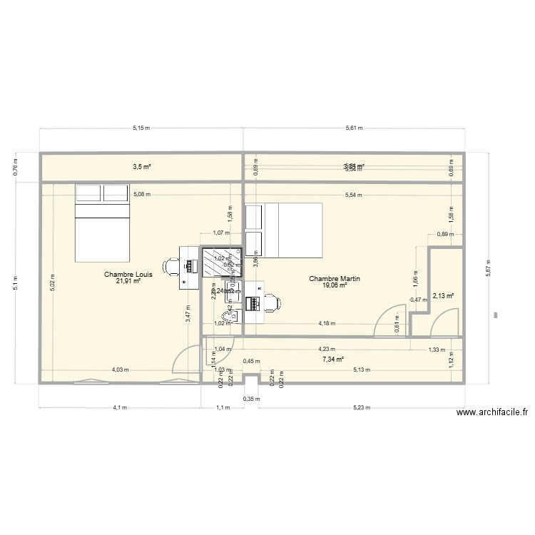 Louis et Martin. Plan de 7 pièces et 60 m2