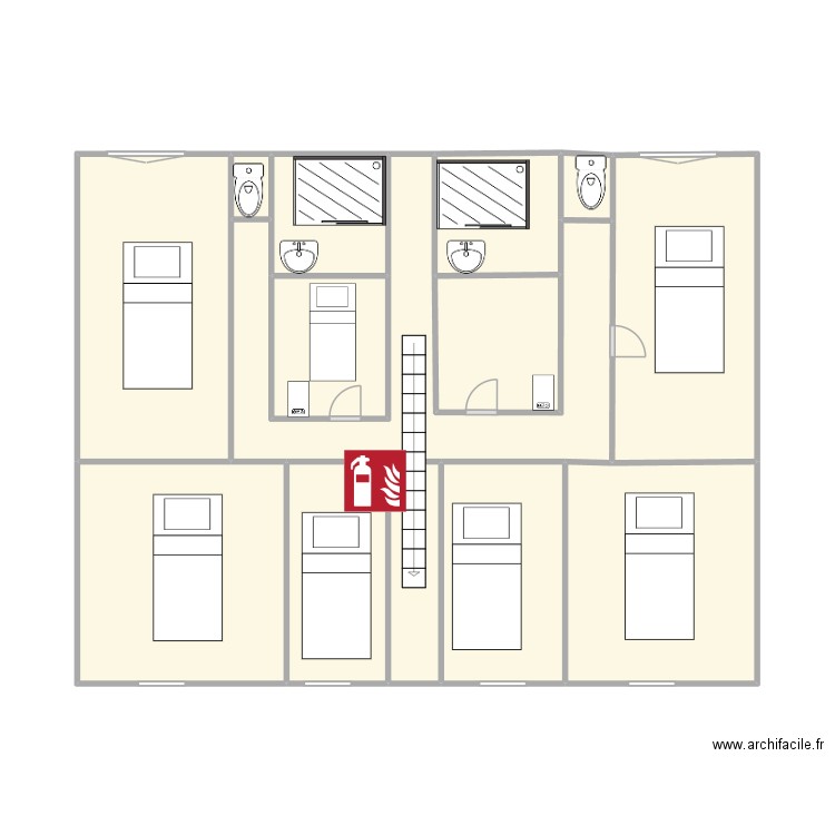 plan evacuation Lzn 1er. Plan de 14 pièces et 57 m2
