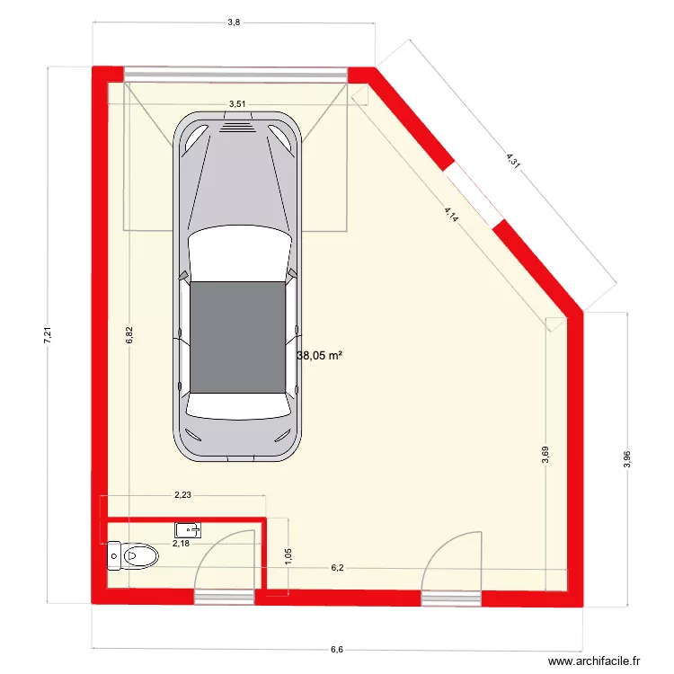 Garage en L avec salle d\'eau. Plan de 1  et 38 m²