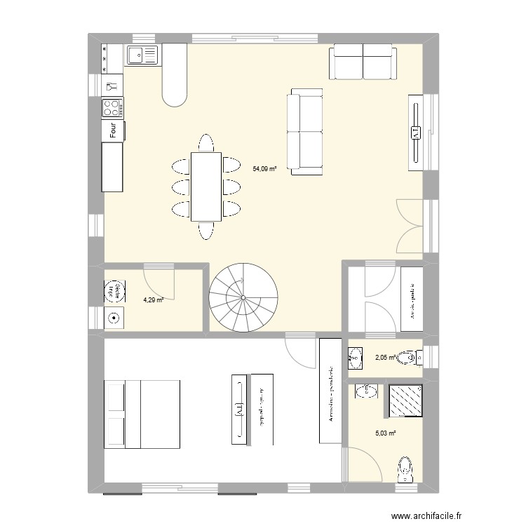 Plan Rdc. Plan de 4 pièces et 65 m2