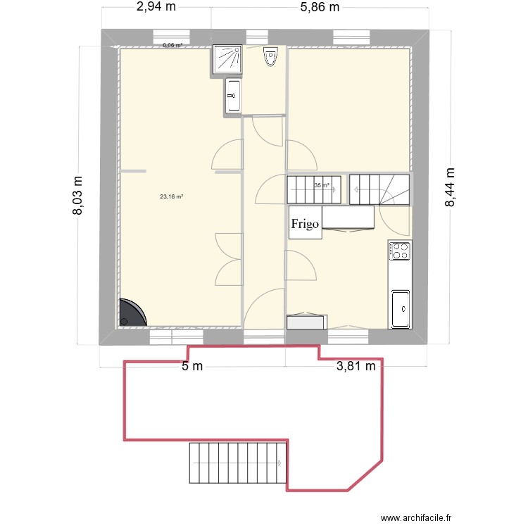 1er etage apres travaux terrasse. Plan de 3 pièces et 58 m2