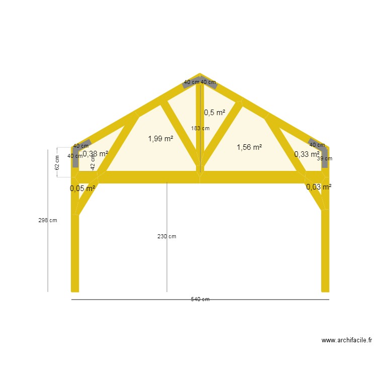 ossature bois centrale avec ferme. Plan de 7 pièces et 5 m2