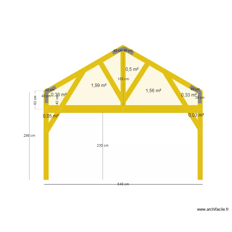 ossature bois centrale avec ferme. Plan de 