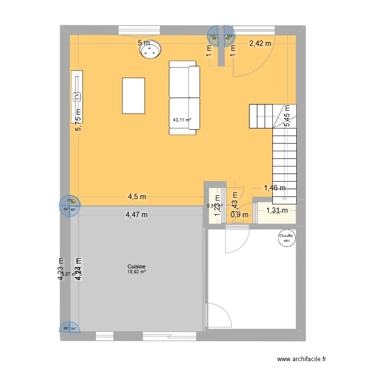 RDC ESSAI1. Plan de 5 pièces et 64 m2