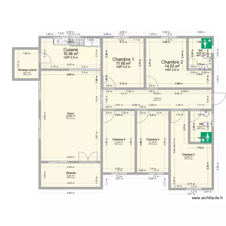 Villa Kaffo de 13,22*11,61 = 153,48 m2. Plan de 12  et 136 m²