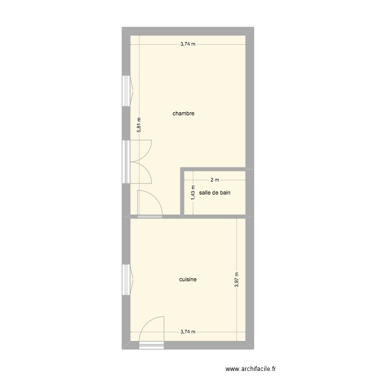 RDC fond de cour. Plan de 3 pièces et 36 m2