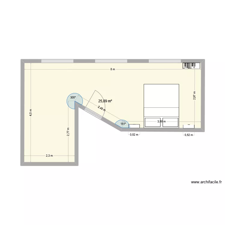 Chambre et dressing de Yohan et Marc. Plan de 1  et 26 m²
