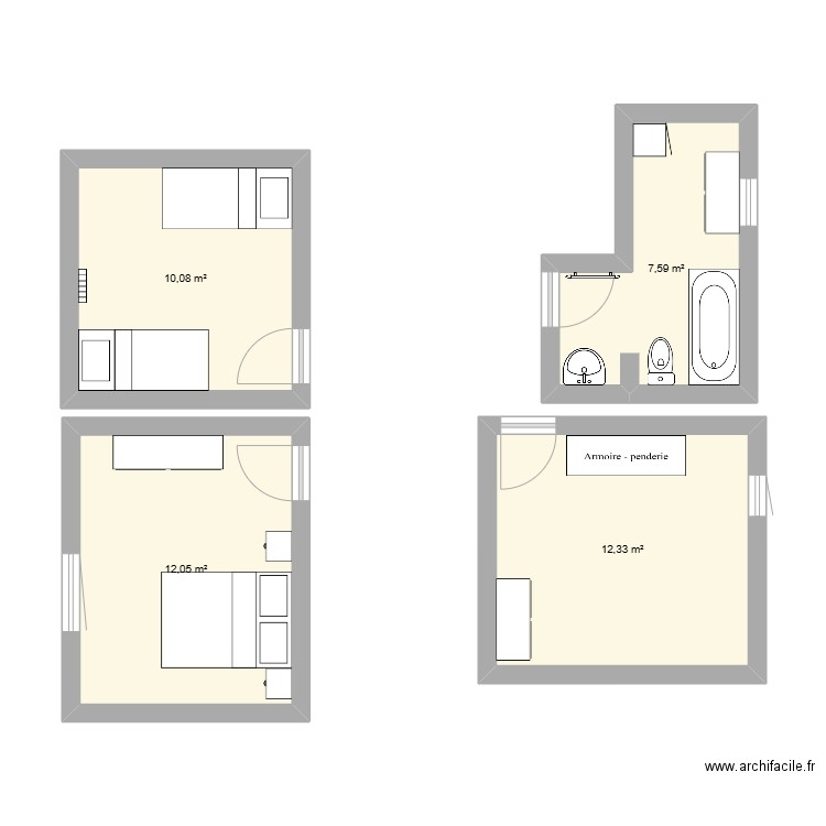Chambre sdb. Plan de 4 pièces et 42 m2