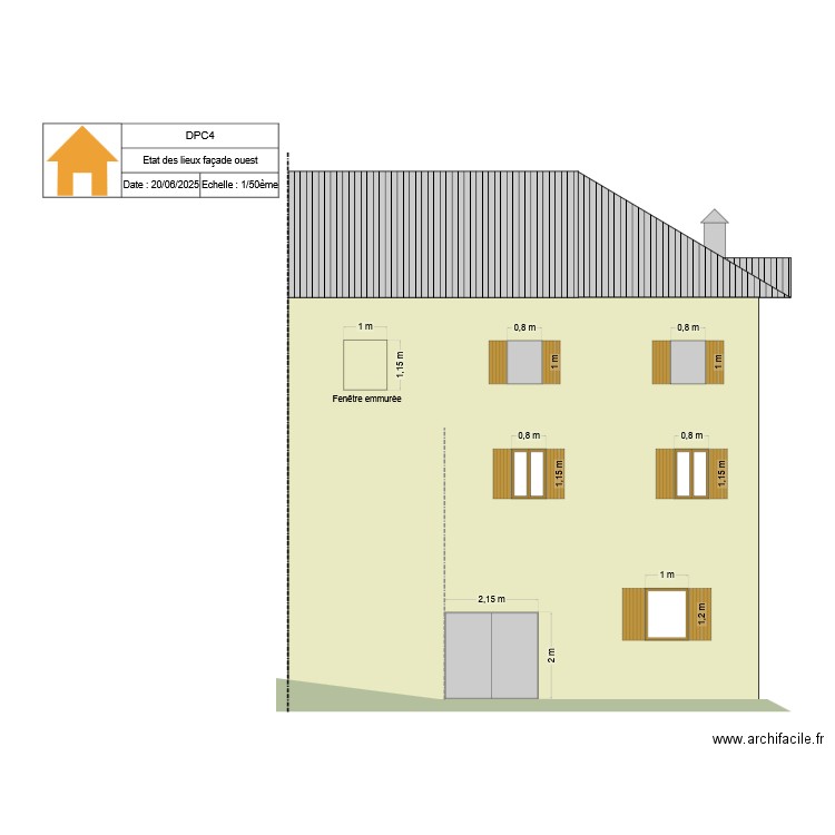 Plan façade ouest - état des lieux. Plan de 0 pièce et 0 m2