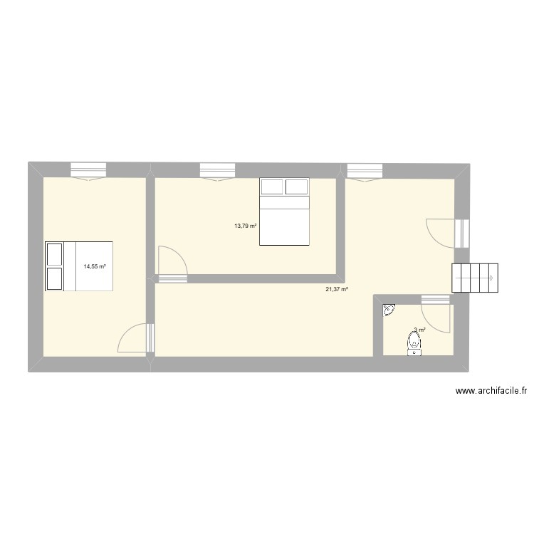 parti haut chambre. Plan de 4 pièces et 58 m2