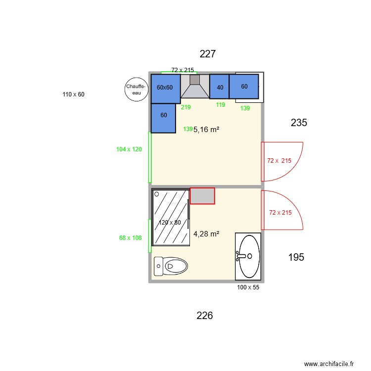 cuisine haut. Plan de 2 pièces et 9 m2