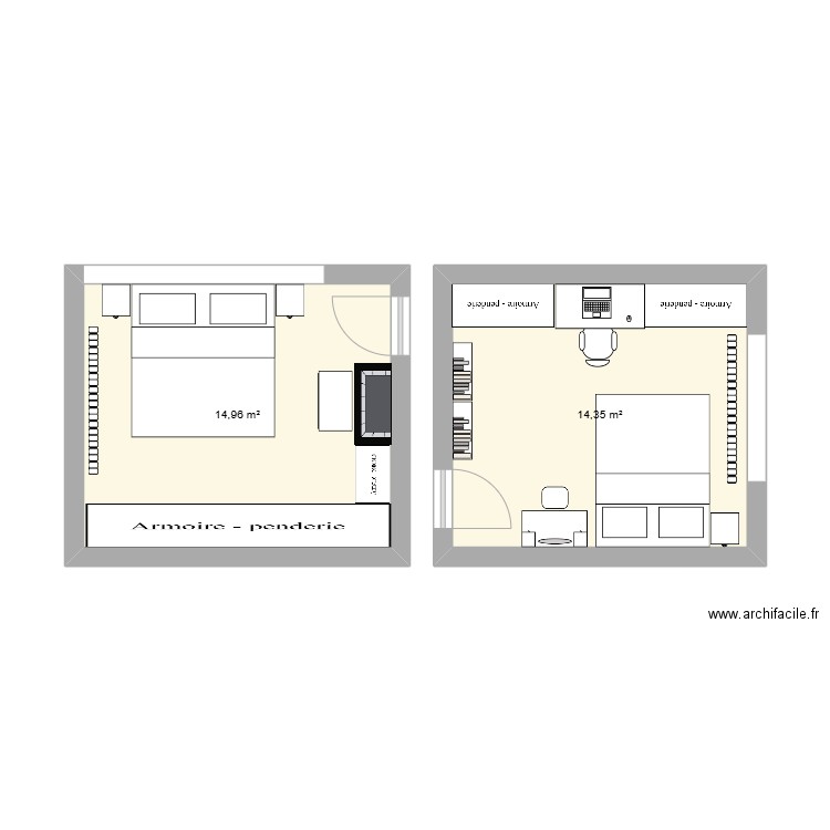 Chambre parents. Plan de 2 pièces et 29 m2