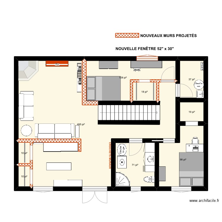 croquis Maison Toon - Sous-sol. Plan de 9 pièces et 80 m2