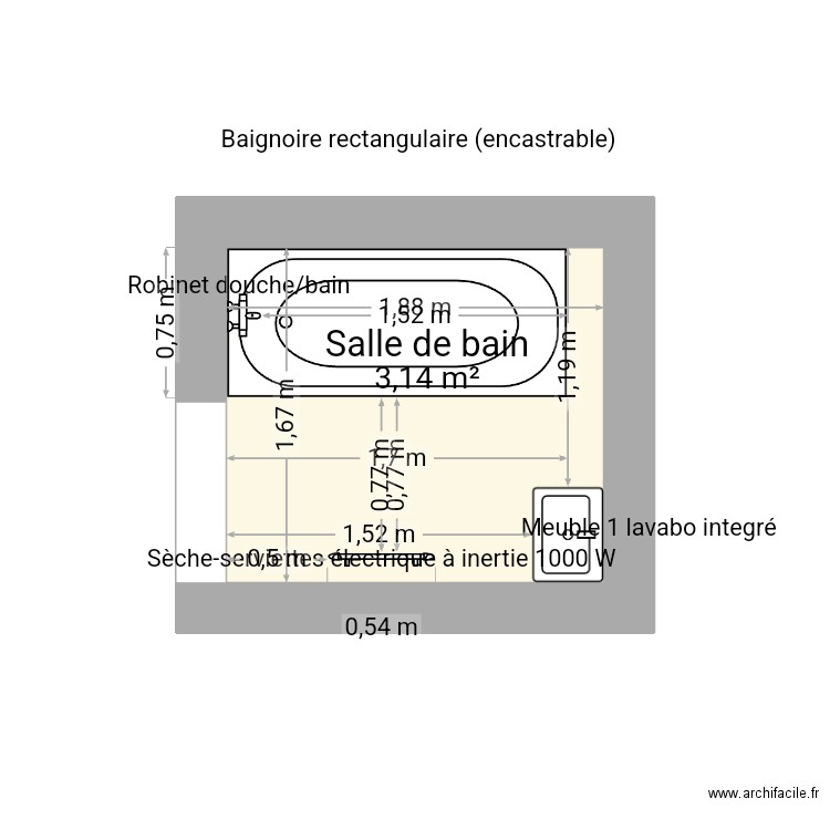 Salle de bain. Plan de 1 pièce et 3 m2