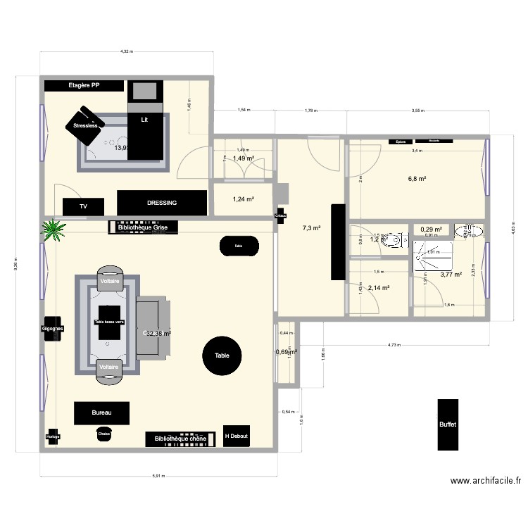 GAELLE ESPINOSA ameublement. Plan de 11 pièces et 71 m2