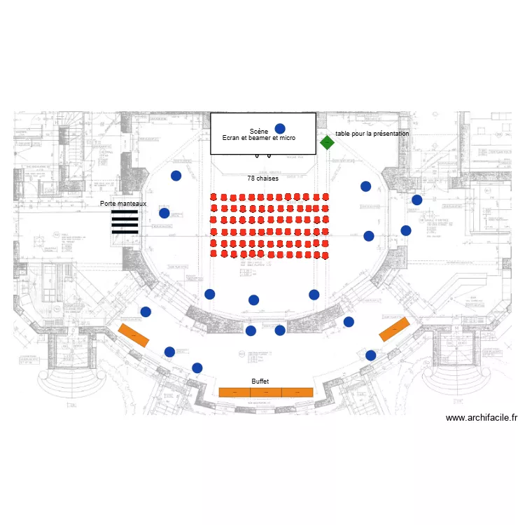 SdF théâtre 70 pax et buffet. Plan de SdF théâtre 70 pax et buffet. Plan de