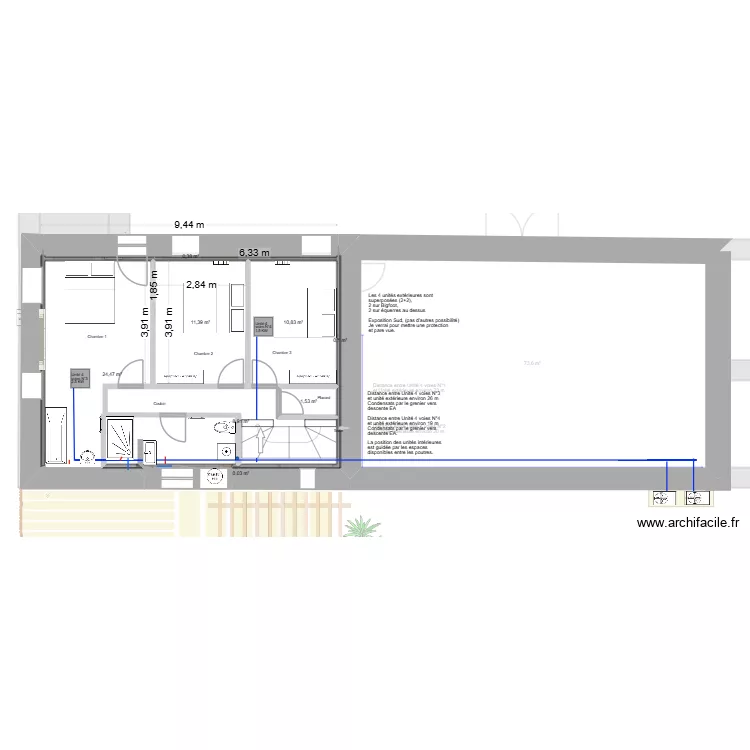 PLAN  AUX COTES Climatisation r&eacute;versible. Plan de 14  et 162 m²