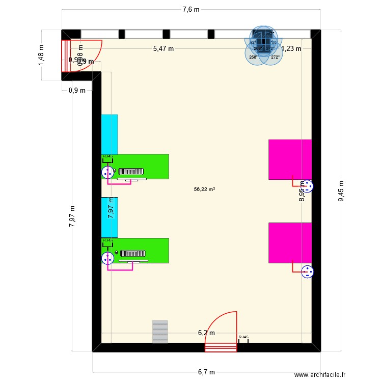 SAé 1.3 plan déchictique. Plan de 2 pièces et 56 m2