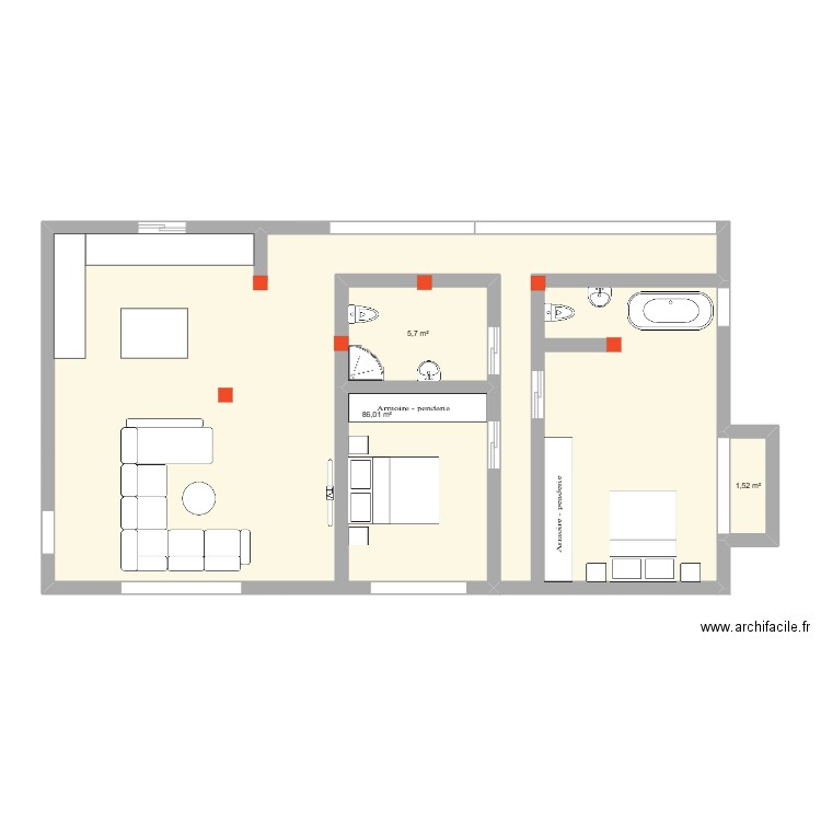 plan sf. Plan de 3 pièces et 93 m2