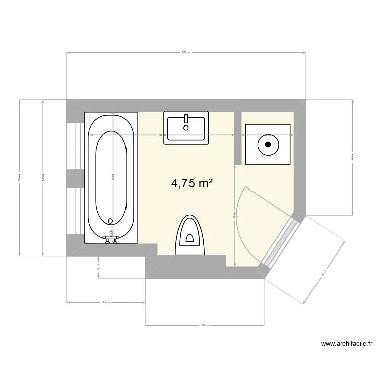 Salle de bain. Plan de 1  et 5 m²