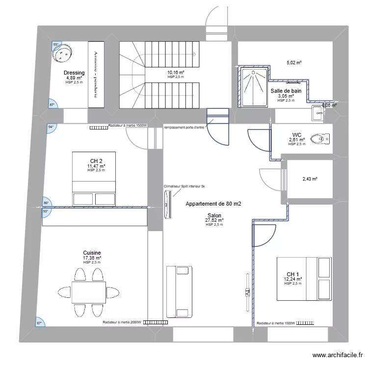 2e etage droite projet. Plan de 11 pièces et 97 m²