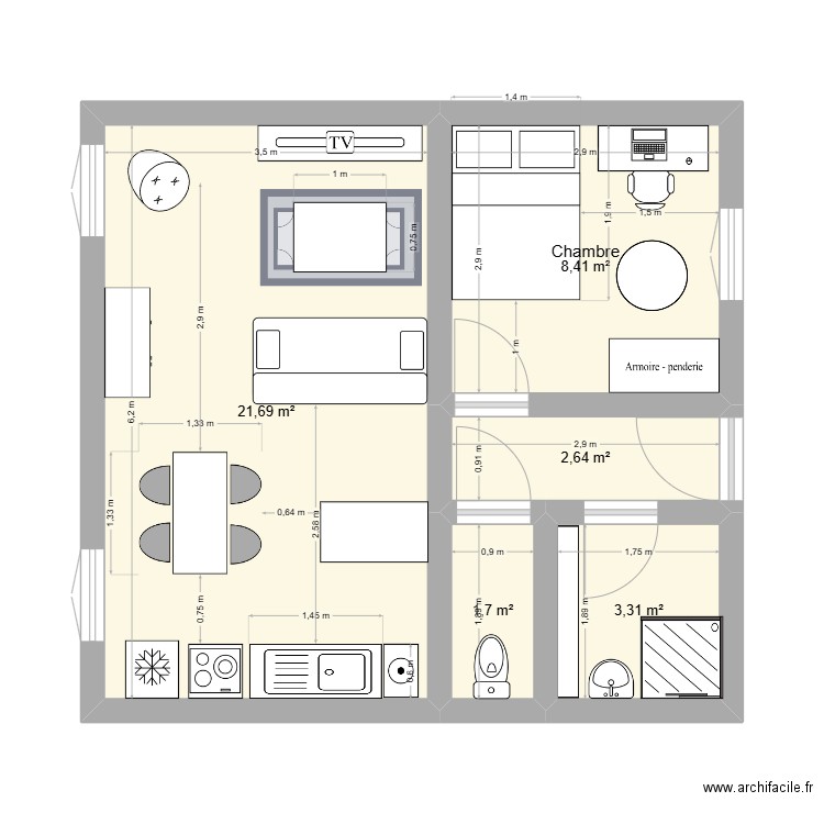Appart Gabin. Plan de 5 pièces et 38 m2