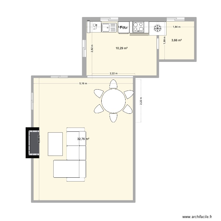 Cuisine Frida. Plan de 3 pièces et 47 m2