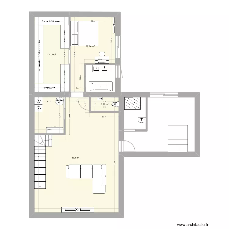 maison -1. Plan de 4 pièces et 74 m²