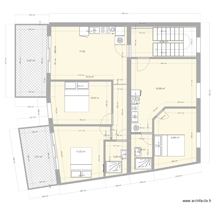 77 maison2. Plan de 9 pièces et 100 m2