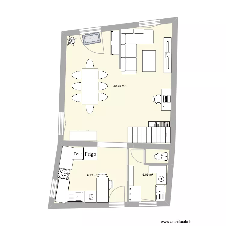 cuisine. Plan de 3  et 45 m²