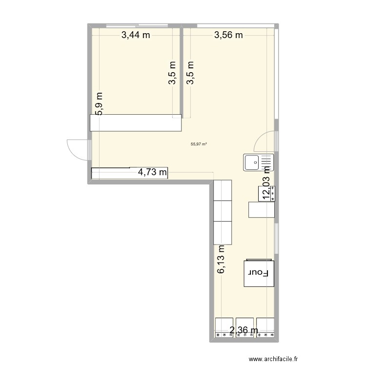 Bar. Plan de 1 pièce et 56 m2