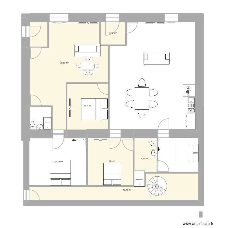 rez de chaussée. Plan de 7 pièces et 91 m2