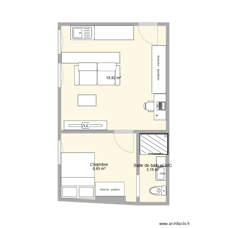 Sedaine. Plan de 3 pièces et 31 m2