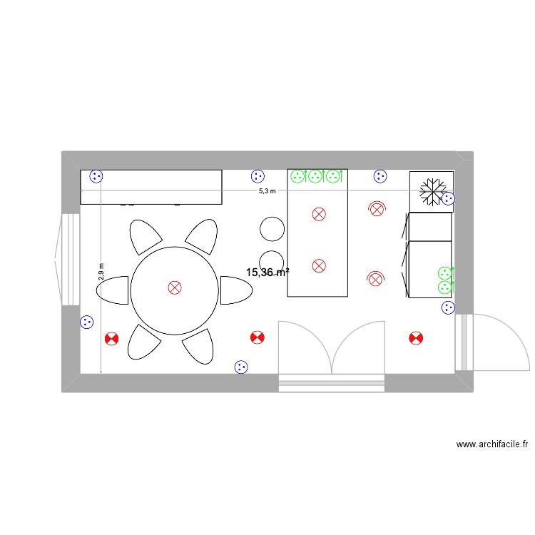 Salon struja. Plan de 1 pièce et 15 m2