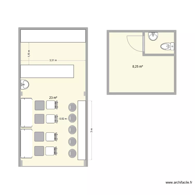Plan d\'am&eacute;nagement cr&ecirc;perie Mekn&egrave;s. Plan de 3  et 33 m²