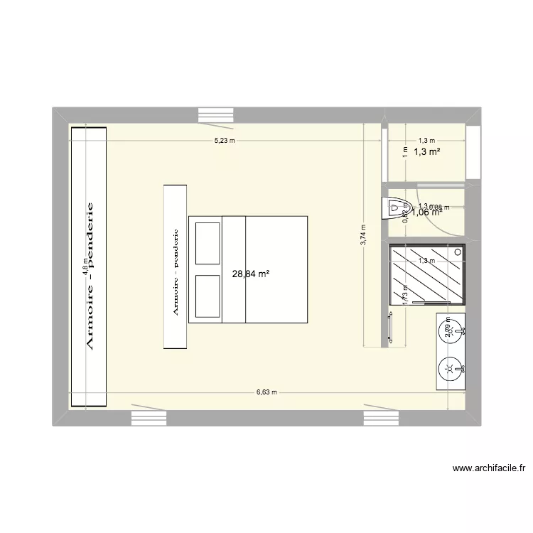 chambre 1 LR. Plan de 3  et 31 m²