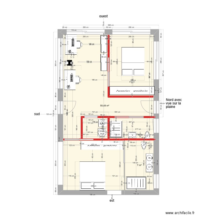 Plan Pinheira Grande rénov. projection chambres et bureau V1. Plan de 2 pièces et 66 m2